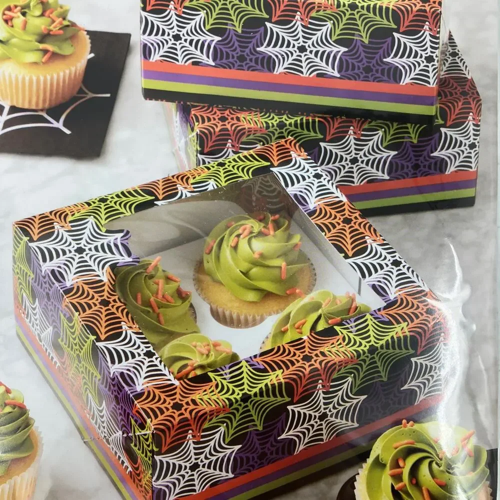 Wilton Orange Black Green Clear Window Spider Web Halloween Cupcake Treat Boxes